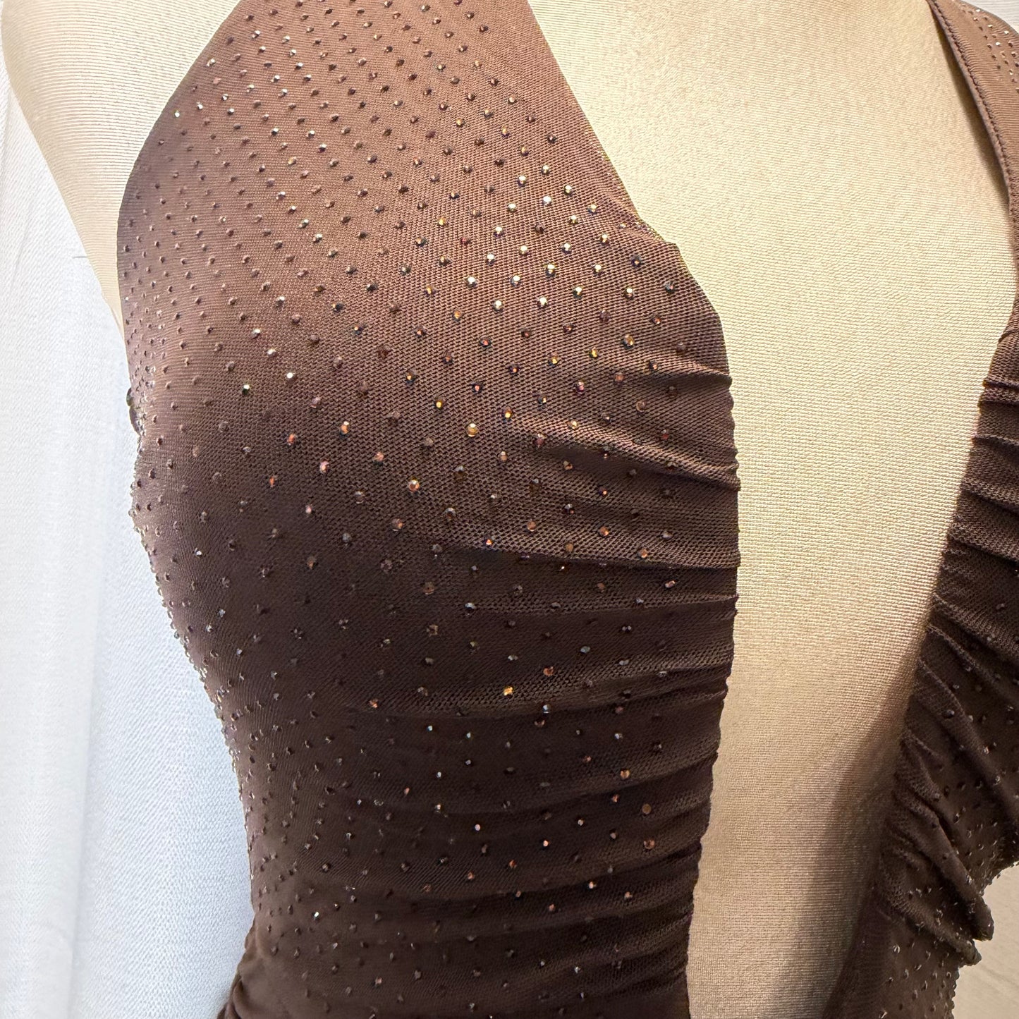 EMBELLISHED MESH COWL NECK MINI DRESS-Brown