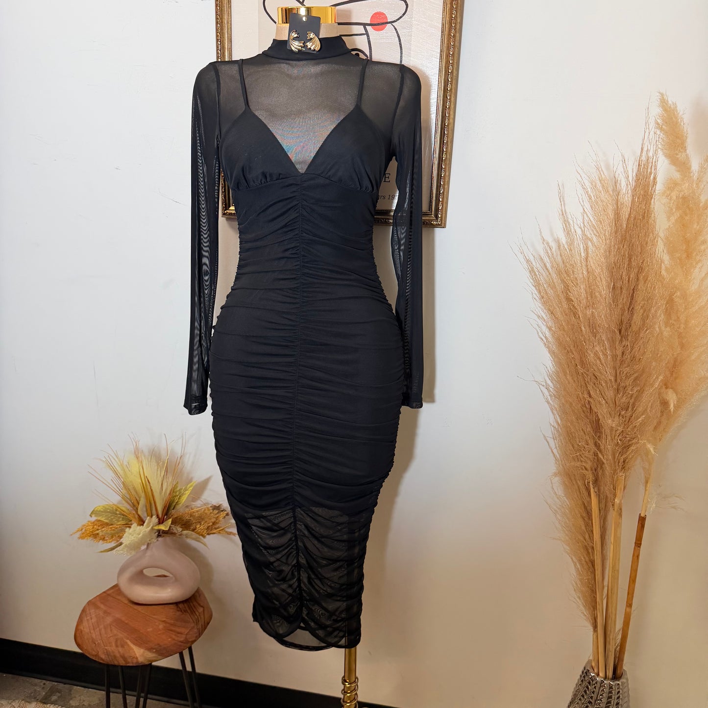 Mesh Side Shirring Midi Dress-Black