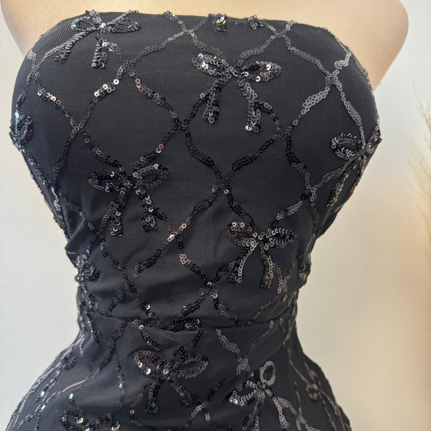 Bow Sequins Strapless Corset Dress-Black