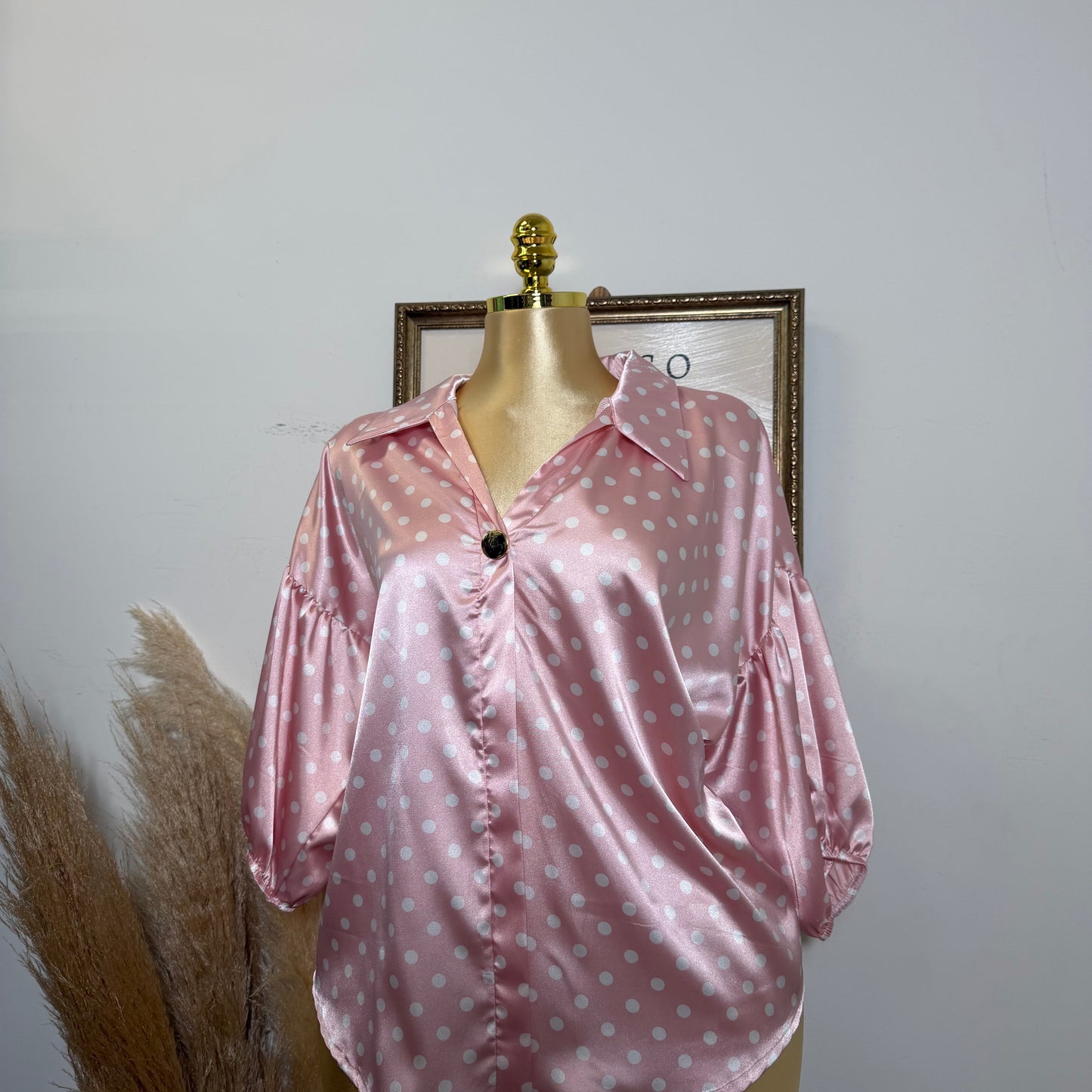 PL-Button Up Bomber Sleeve Blouse-Pink