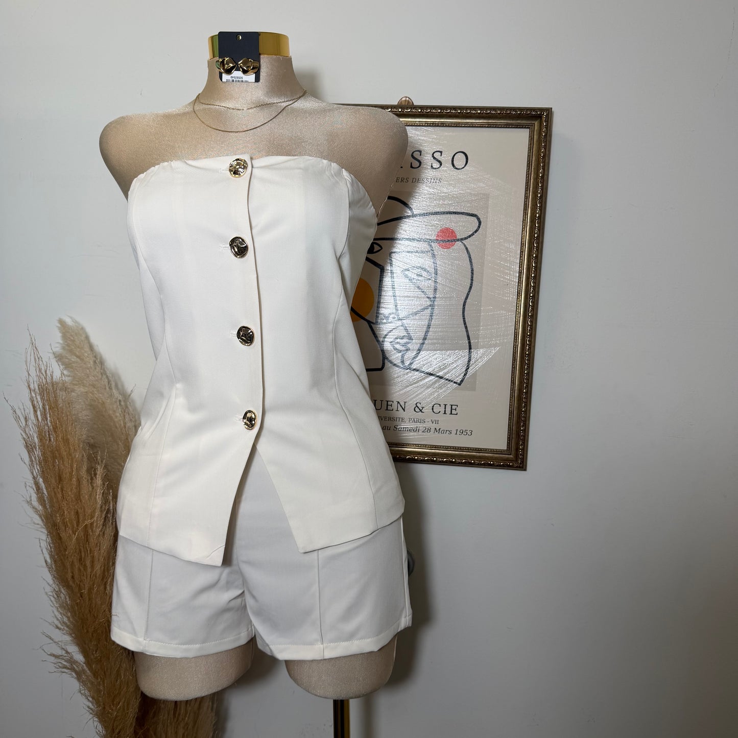 Strapless Gold Button Top Short Set-Ivory