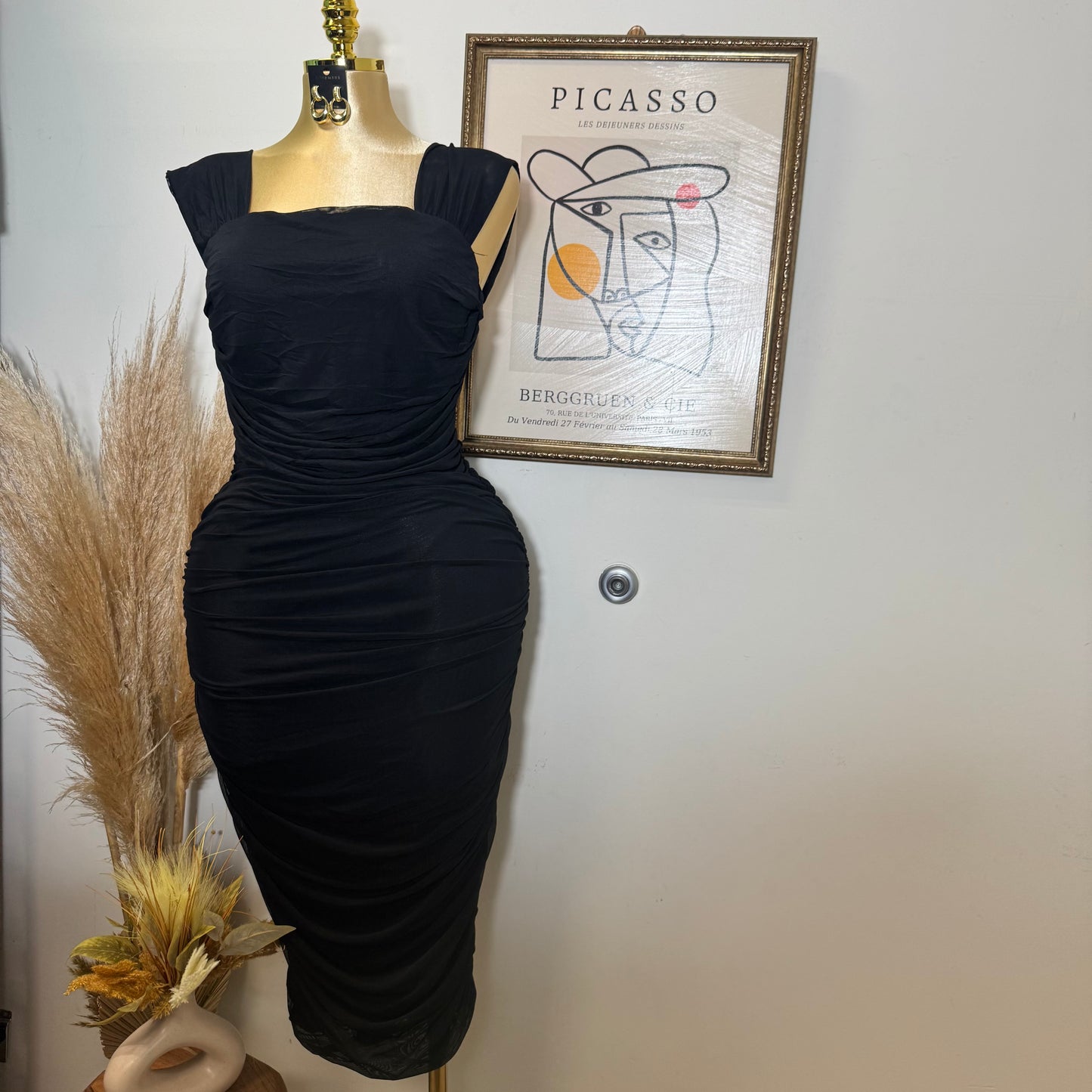 PL Sleeveless Square Neck Ruched Mesh Dress-Black