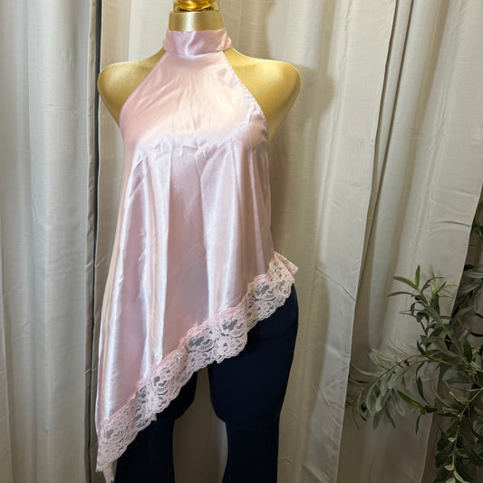 Asymmetrical Satin Top-Baby Pink