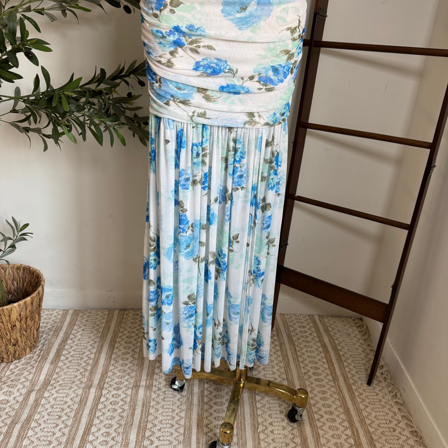 One Shoulder Mesh Maxi Dress-Blue/White