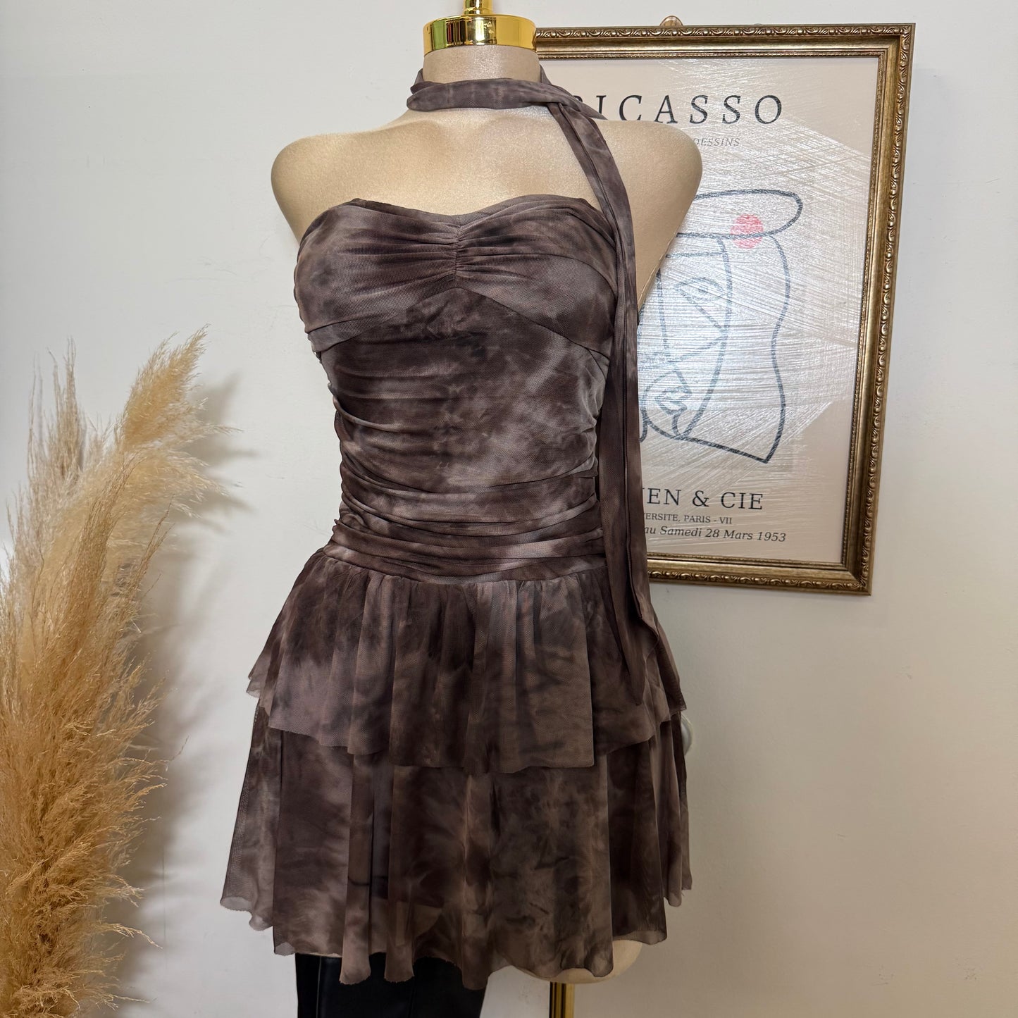 Printed Mesh Tube Dress With Scarf-Brown