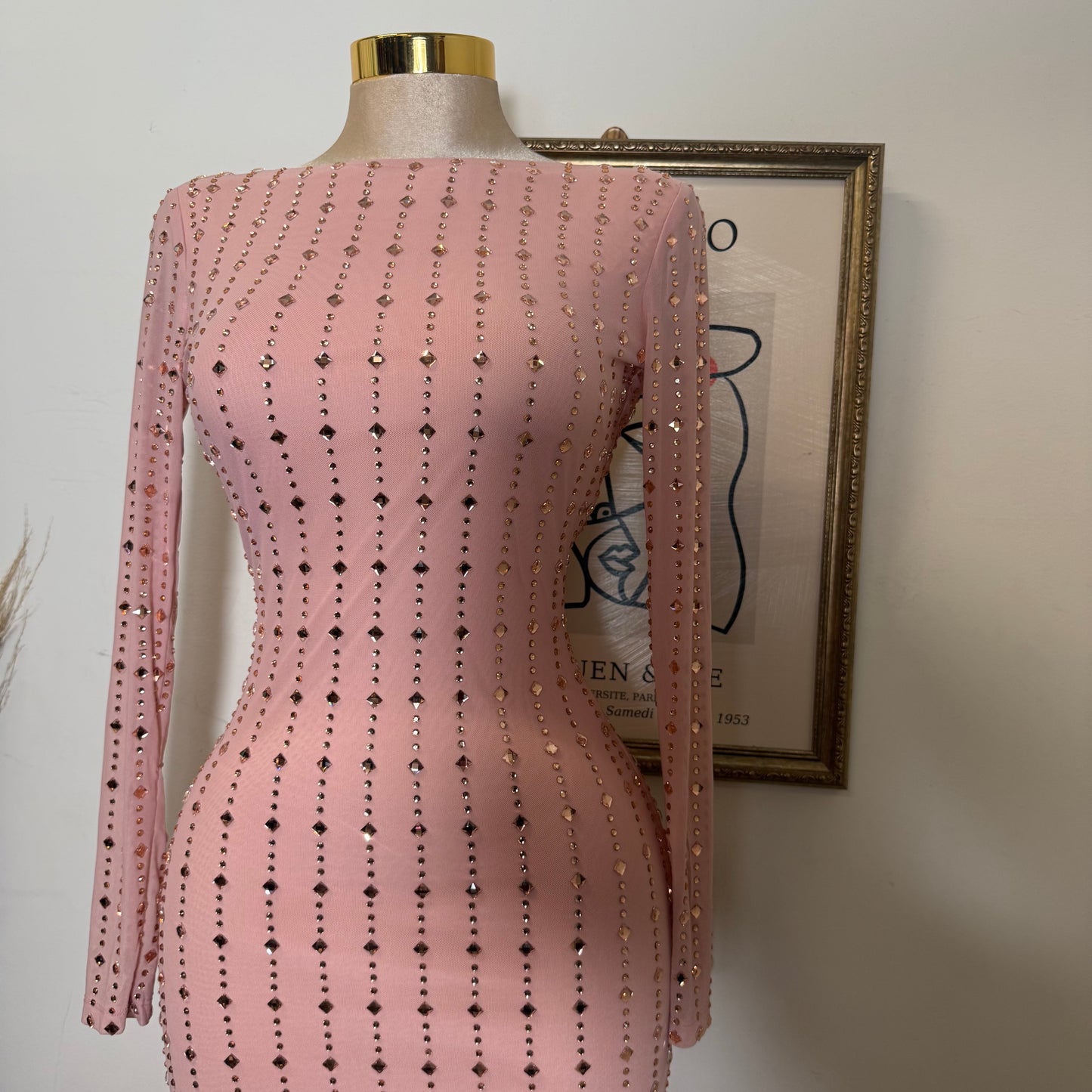 Square Rhinestone On Mesh Midi Dress-Pink
