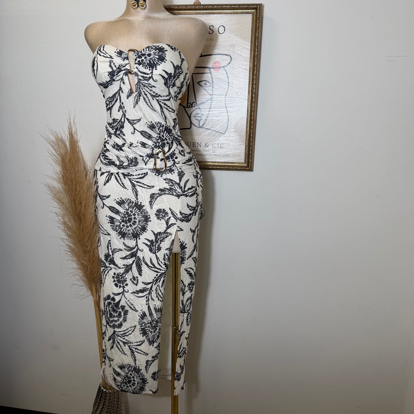Printed Knit Jacquard w/ Metal Trim Tube Midi Dress-Black/White