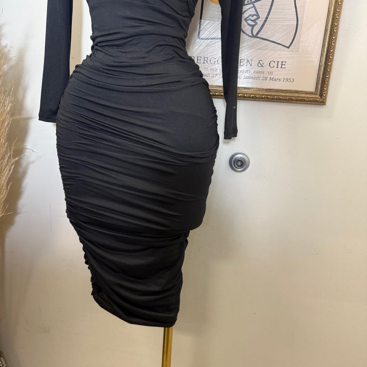 Long Sleeve Double Layered Midi Dress-Black