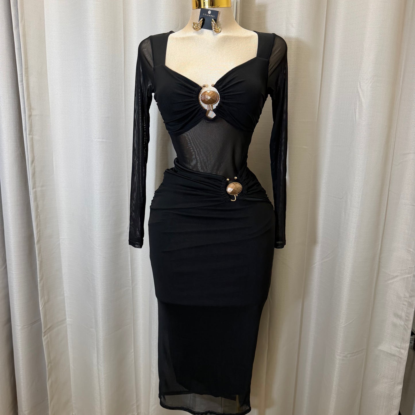 Front Trim mesh Midi dress-Black