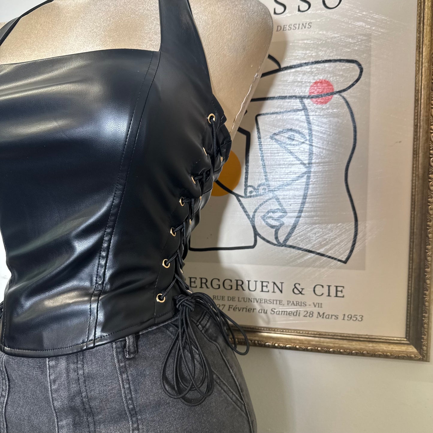 Eyelet Side Detail Halter Neck Corset Top-Black