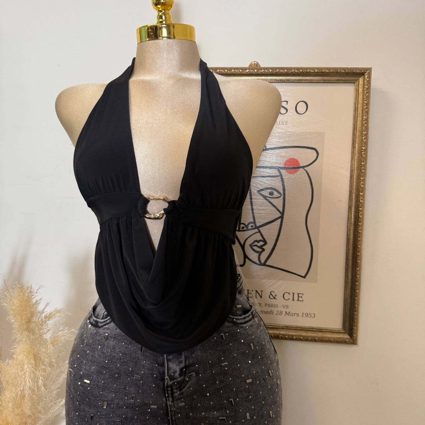 Halter cowl Neck Open Back Top-Black