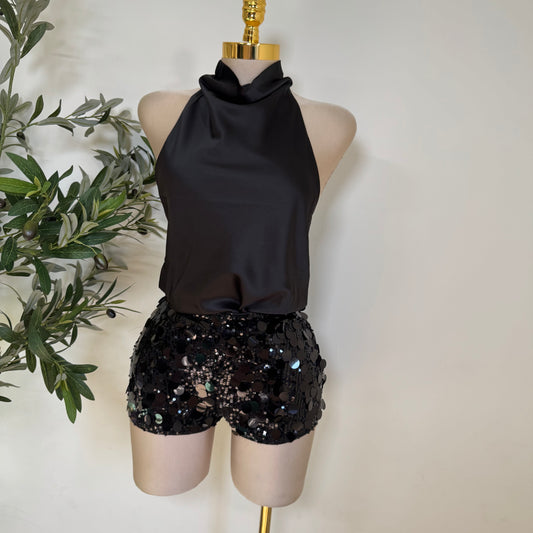 Satin Halter Open Back Top-Black