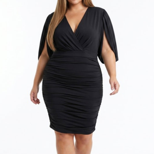 PL-Deep V-Neck Slit Open Mesh sleeve- Black