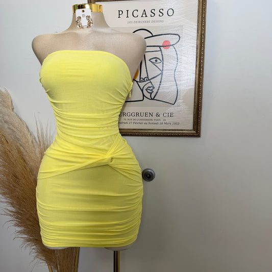 Strapless Ruched Mini Dress-Yellow