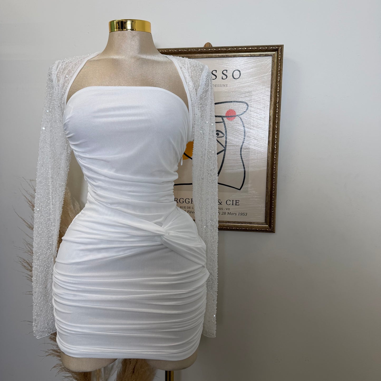 Power Mesh With Beads Bolero-White