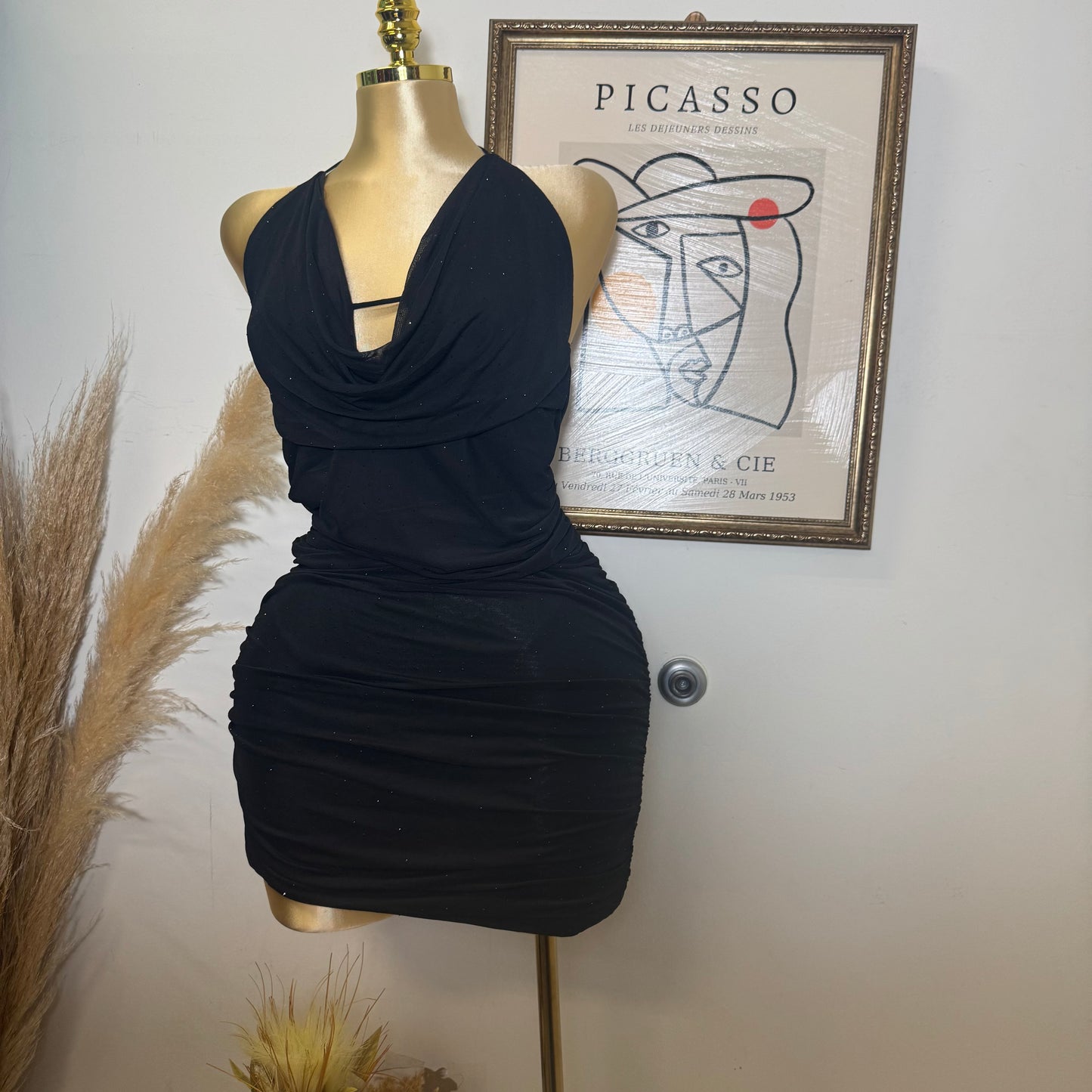 Rhinestone Detail Ruched Mesh Halter Dress-Black