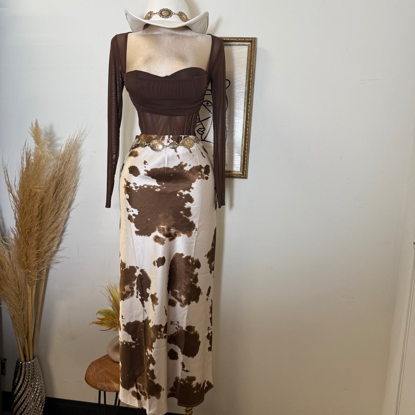 Cow Print Satin Maxi Skirt-brown