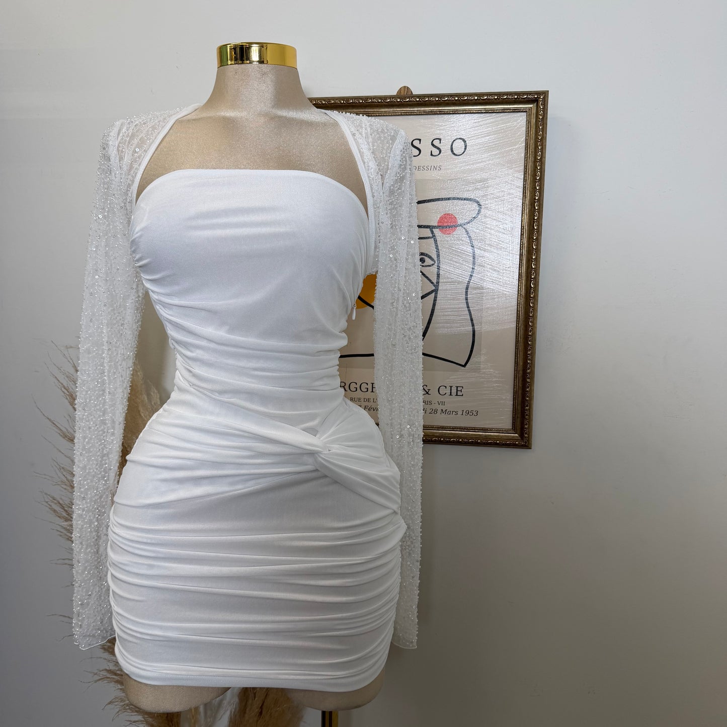 Power Mesh With Beads Bolero-White