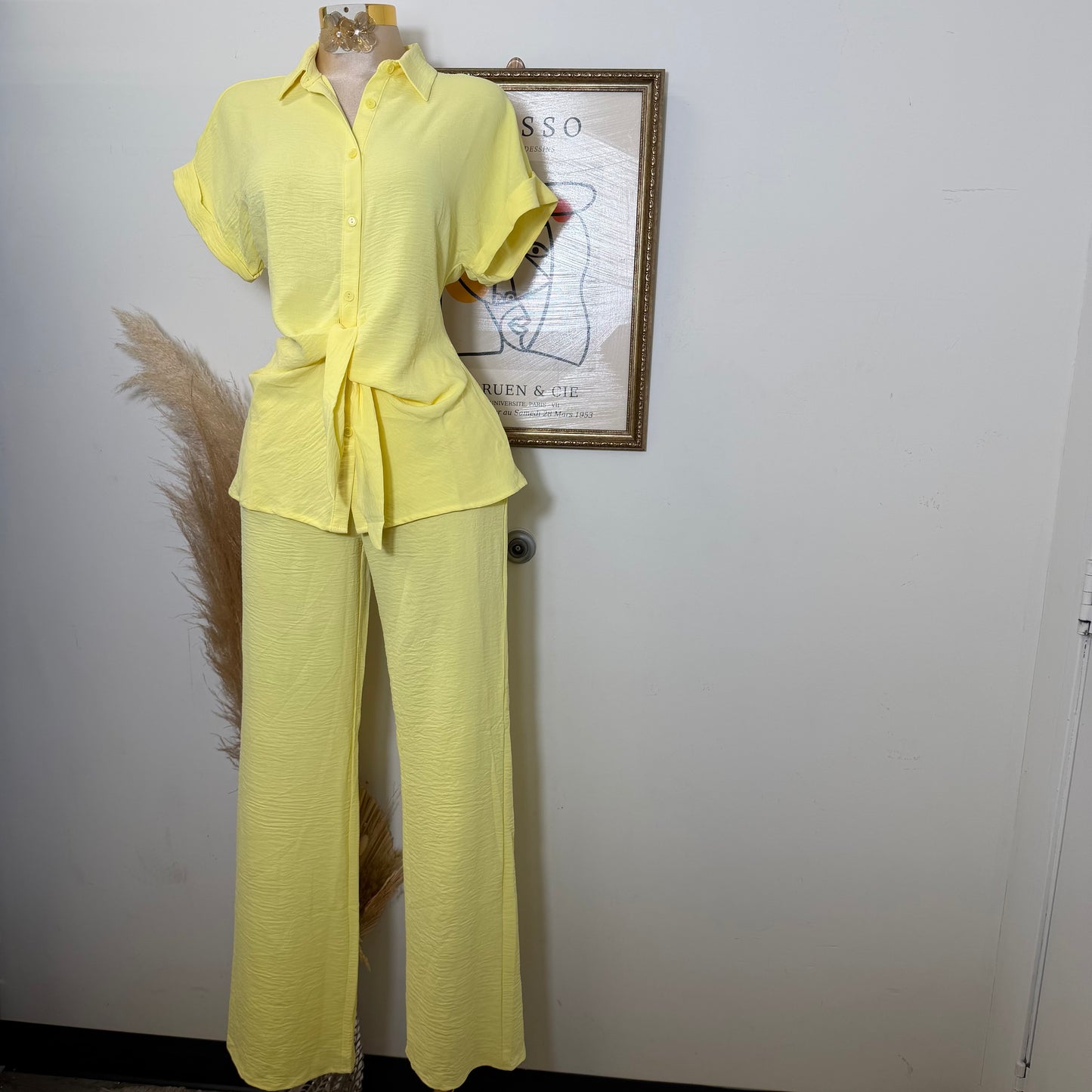 Front Knot Tie Button Down Top and Pants Set-Lt Yellow