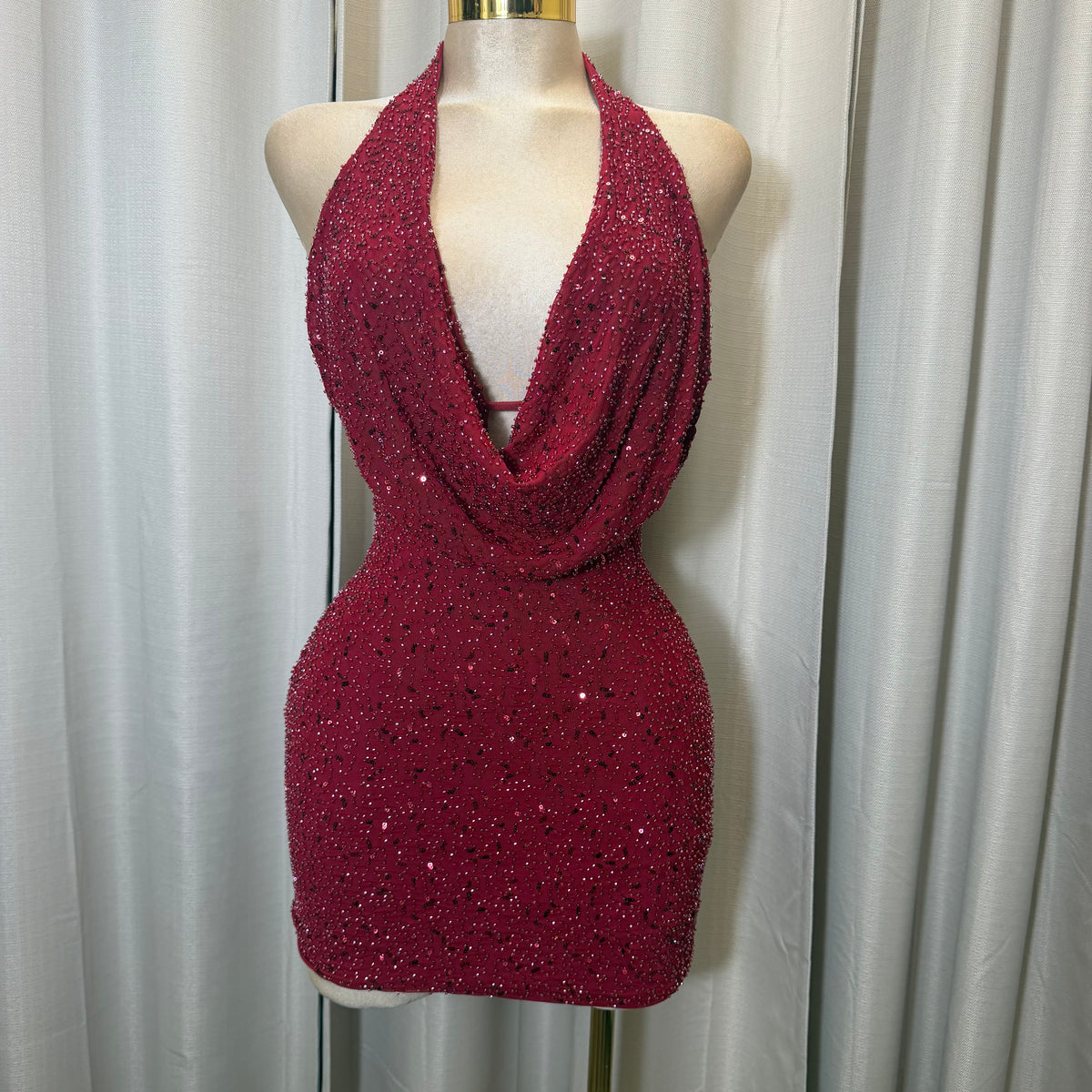 Halter sequins Beads Mini Dress-Burgundy/Red