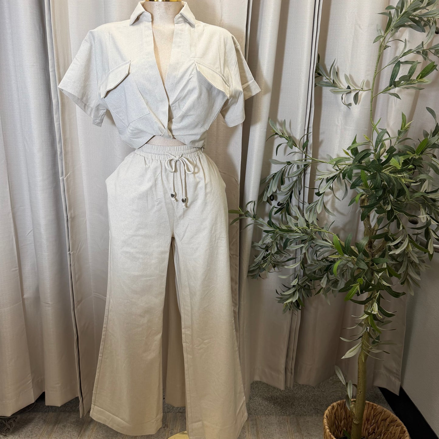Front twist Top and wide leg pant Set-Beige