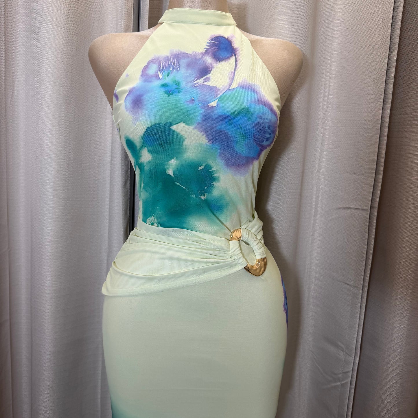 Flower Print Mesh Midi Dress-Yellow/Turquoise combo