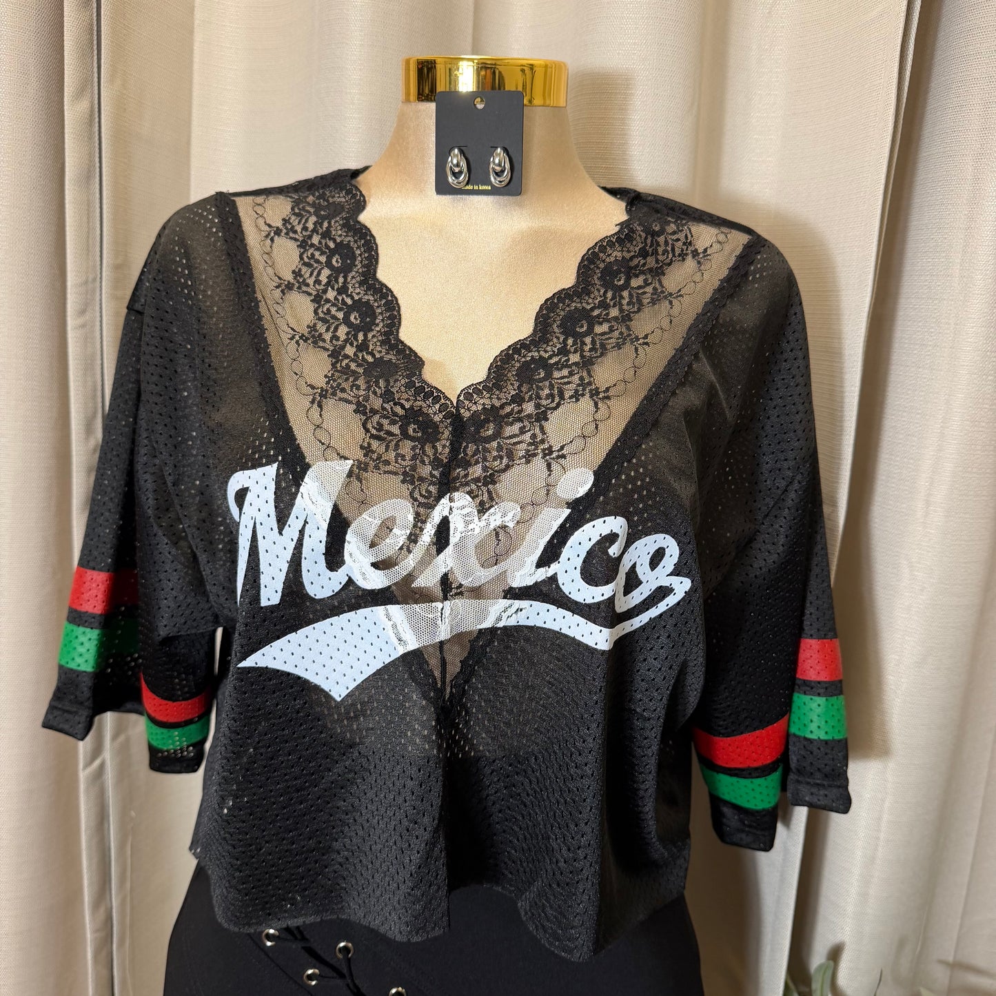Mexico V Neck Lace Jersey-Black