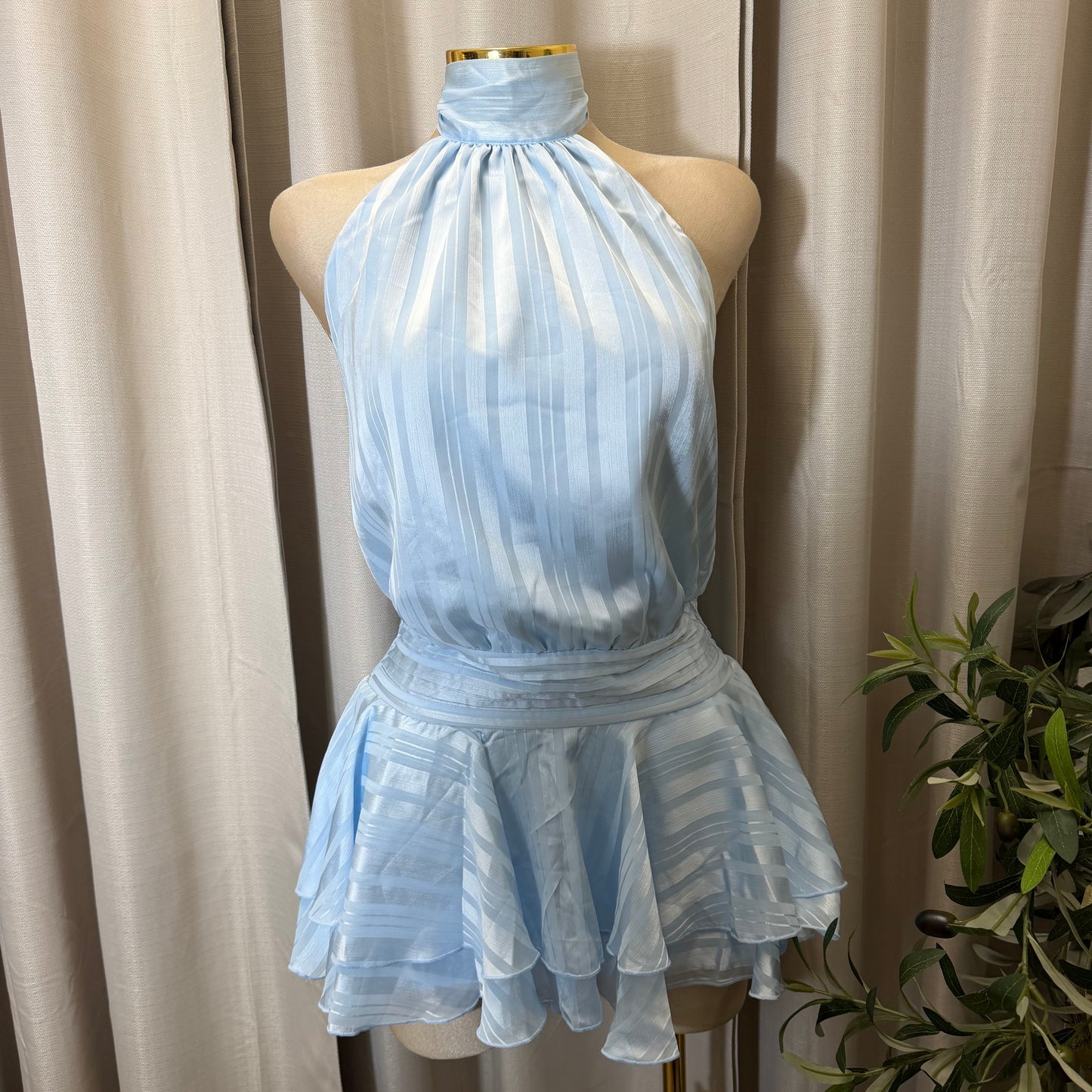 Halter Neck Low Open Back Mini Romper-Baby Blue