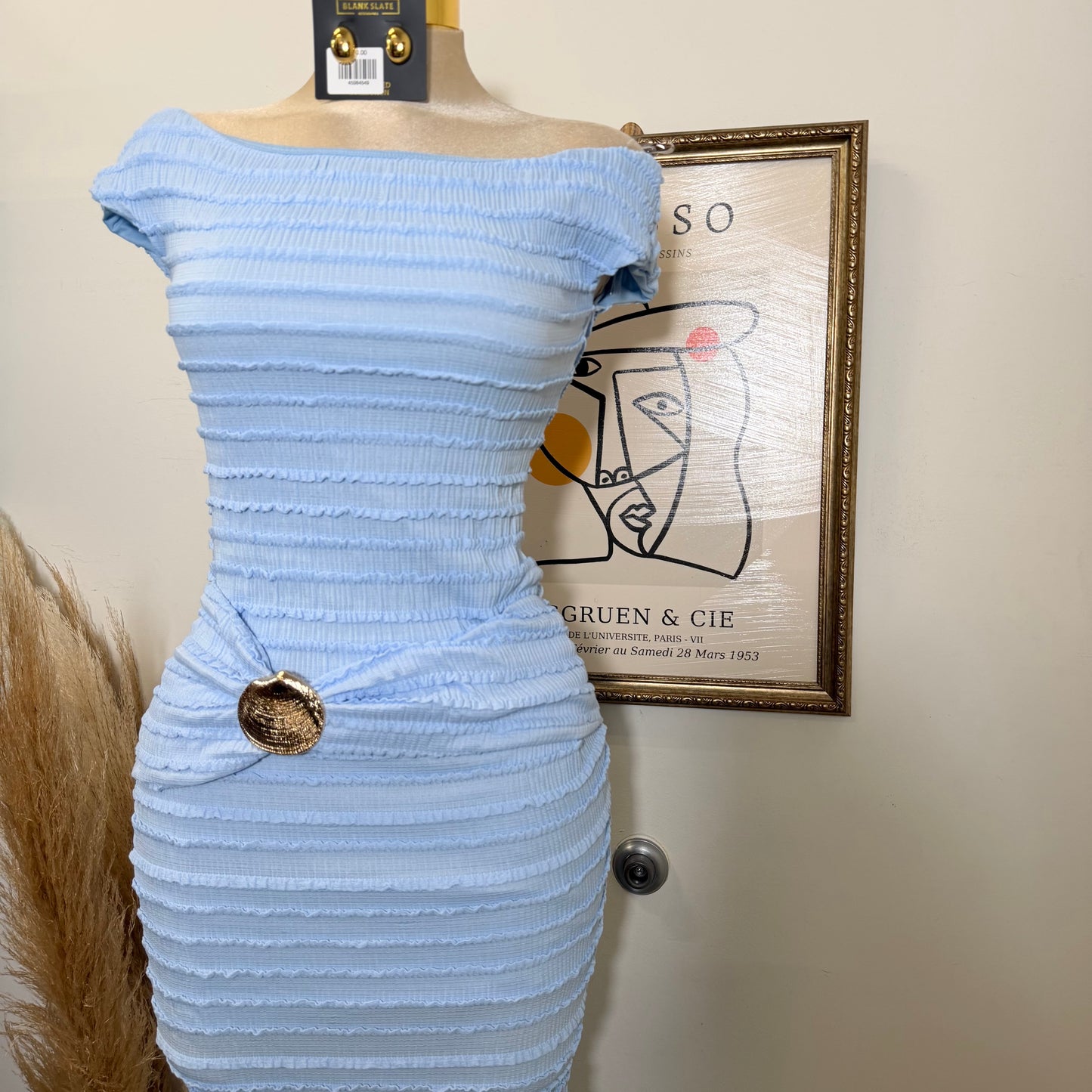 Textured Solid Off shoulder Maxi dress-Blue