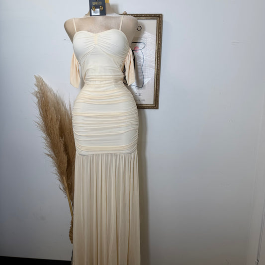 Ruched Long Maxi Dress-Cream