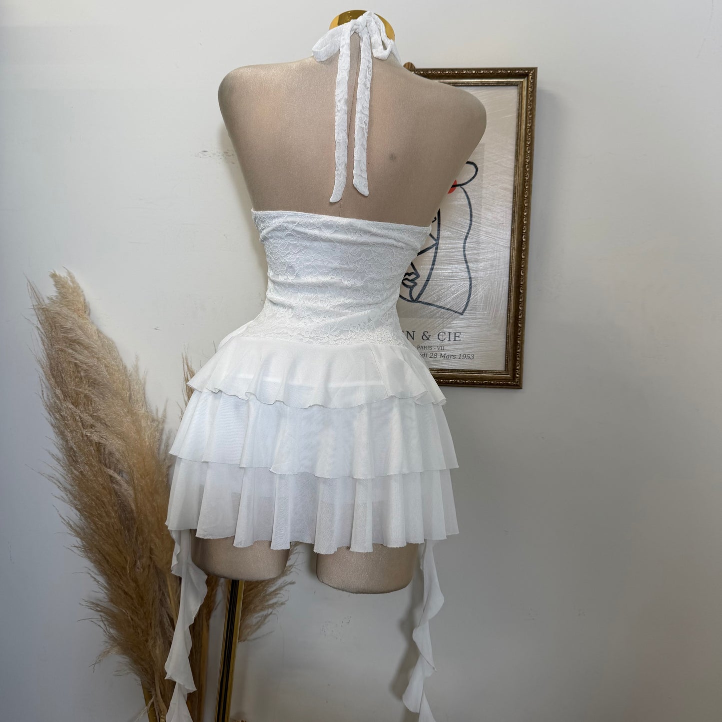 Halter lace Ruffle Dress-White