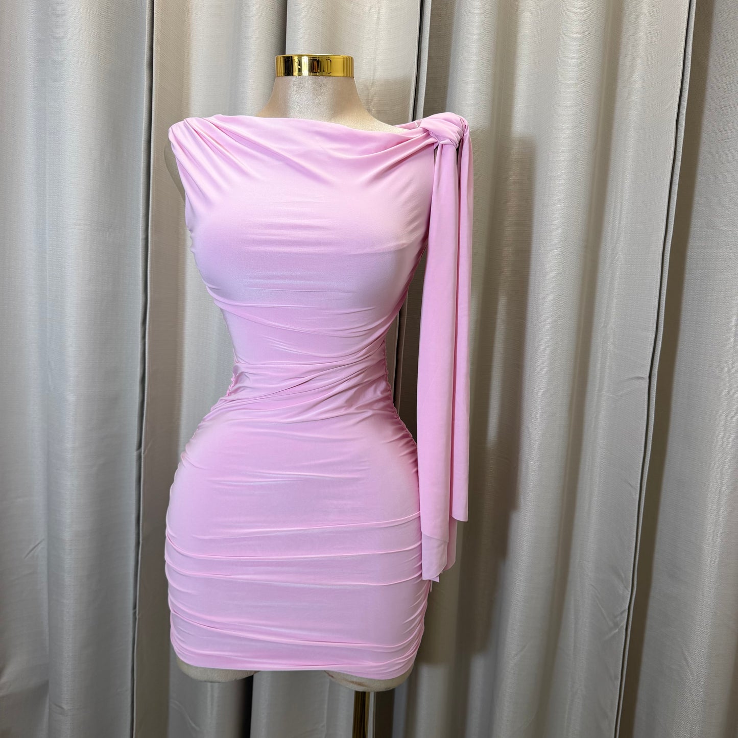 Off Shoulder Ruched Side Tie Mini Dress-Baby Pink