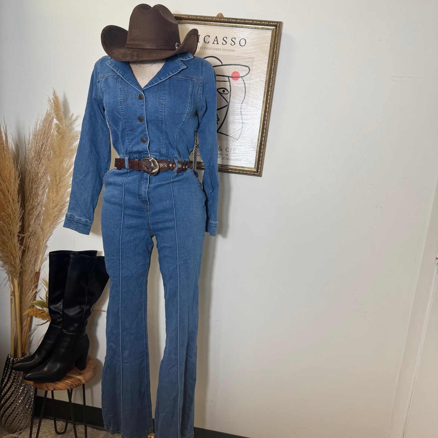 Wide Leg Denim Jumpsuit-Medium Wash