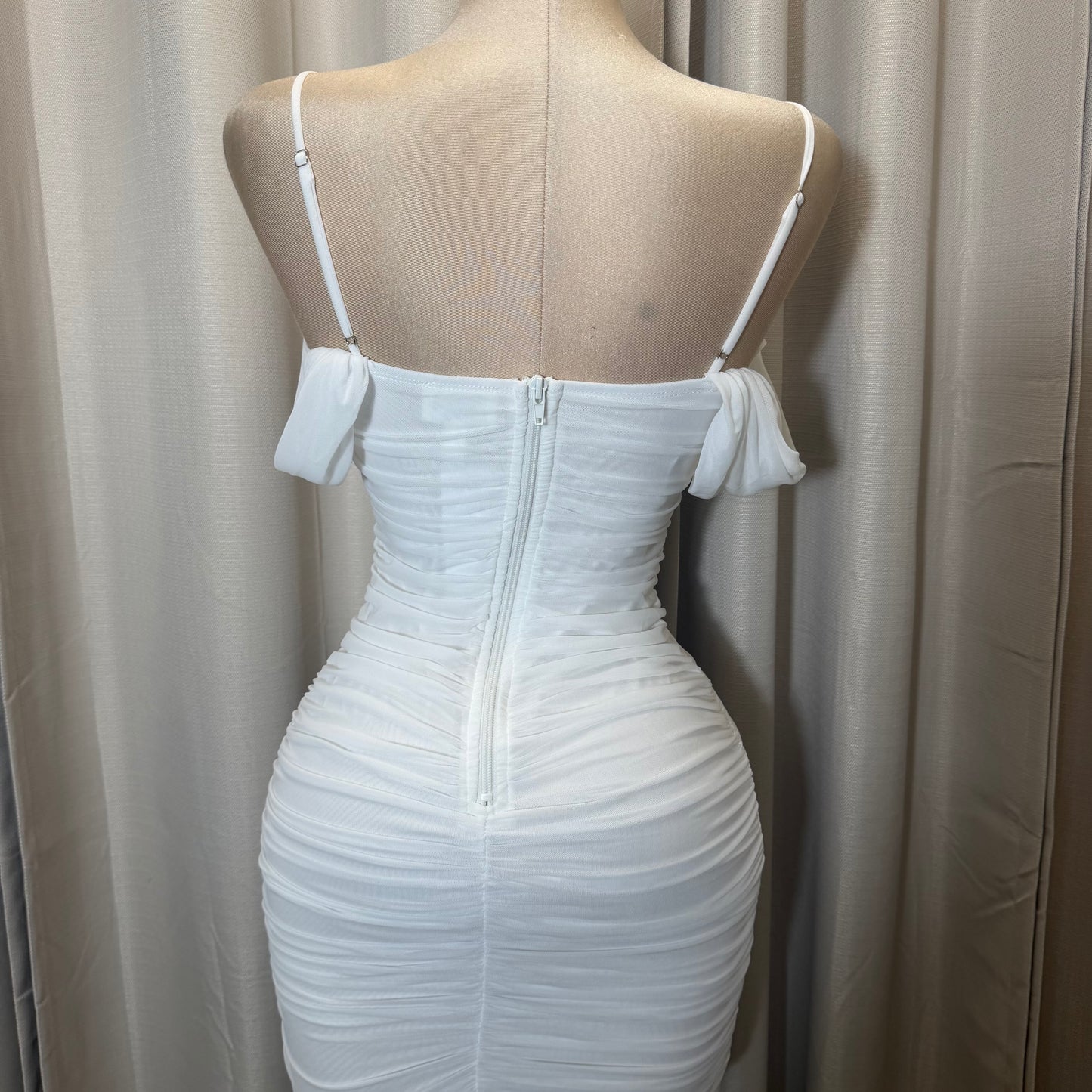 Mesh off shoulder Midi Dress-Ivory/White/Cream
