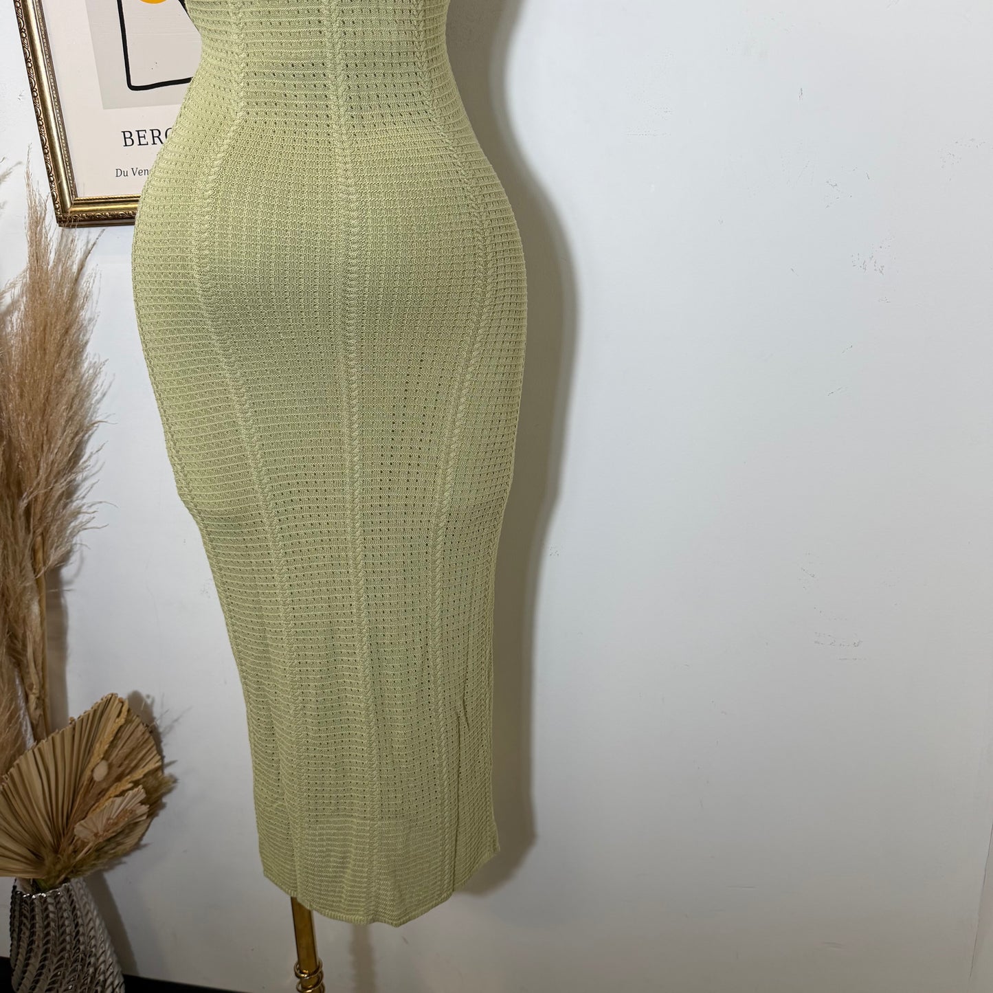 Textured Fabric Stone Trim Halter Midi Dress-Sage