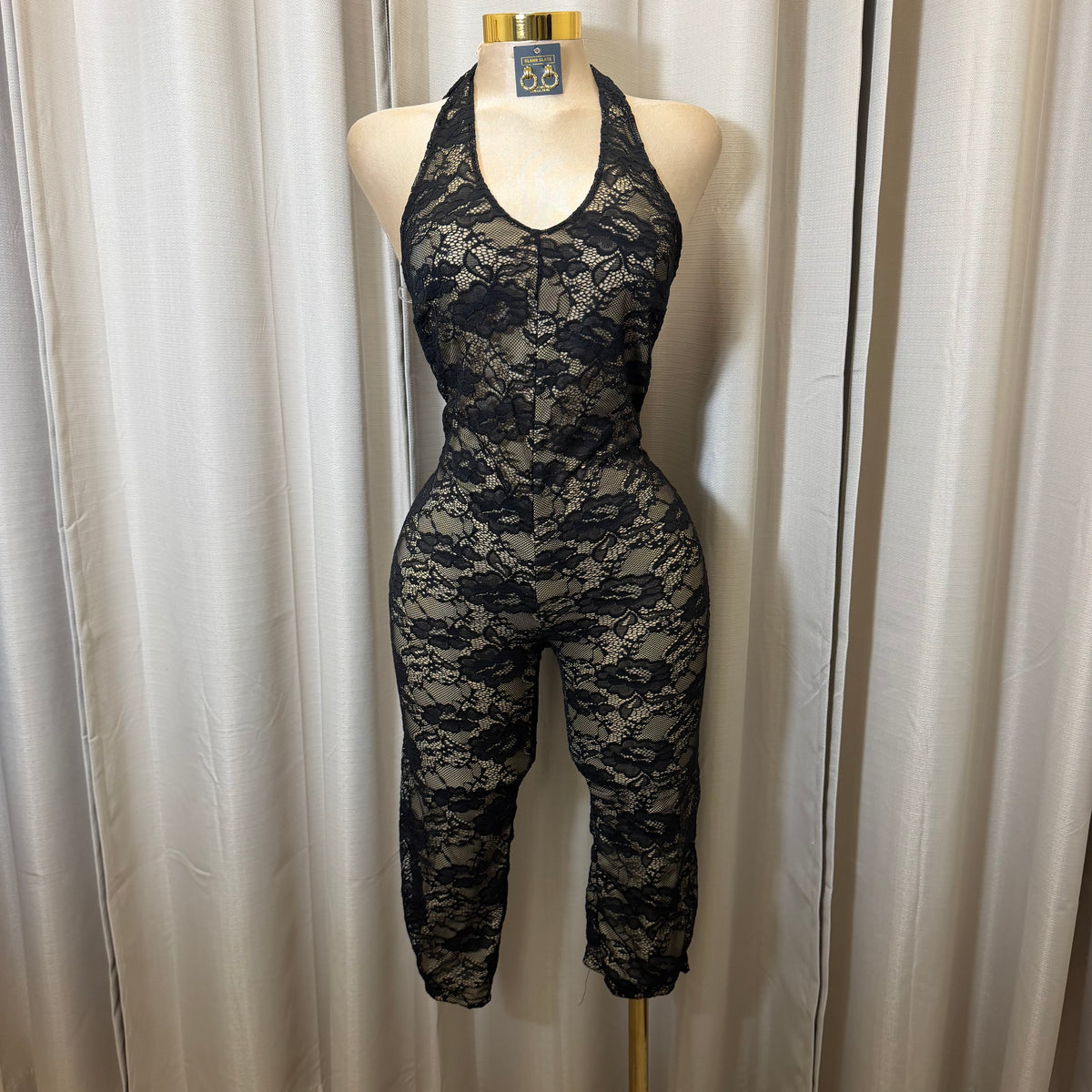 Halter Flower Lace Capri Jumpsuit-Black