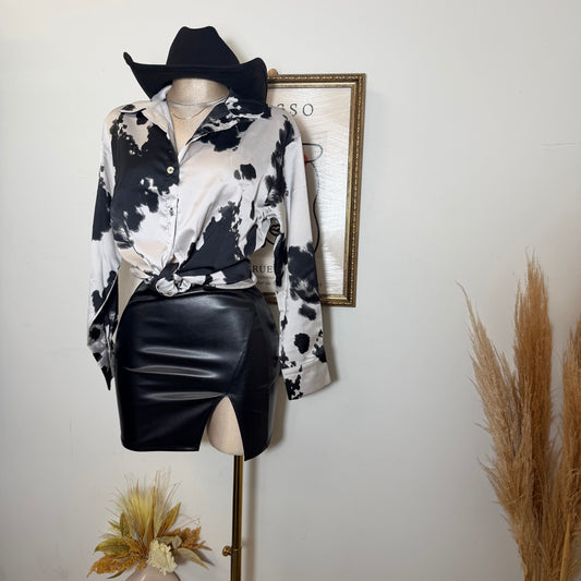 Cow Print Satin Button Down Long sleeve Shirt-Black