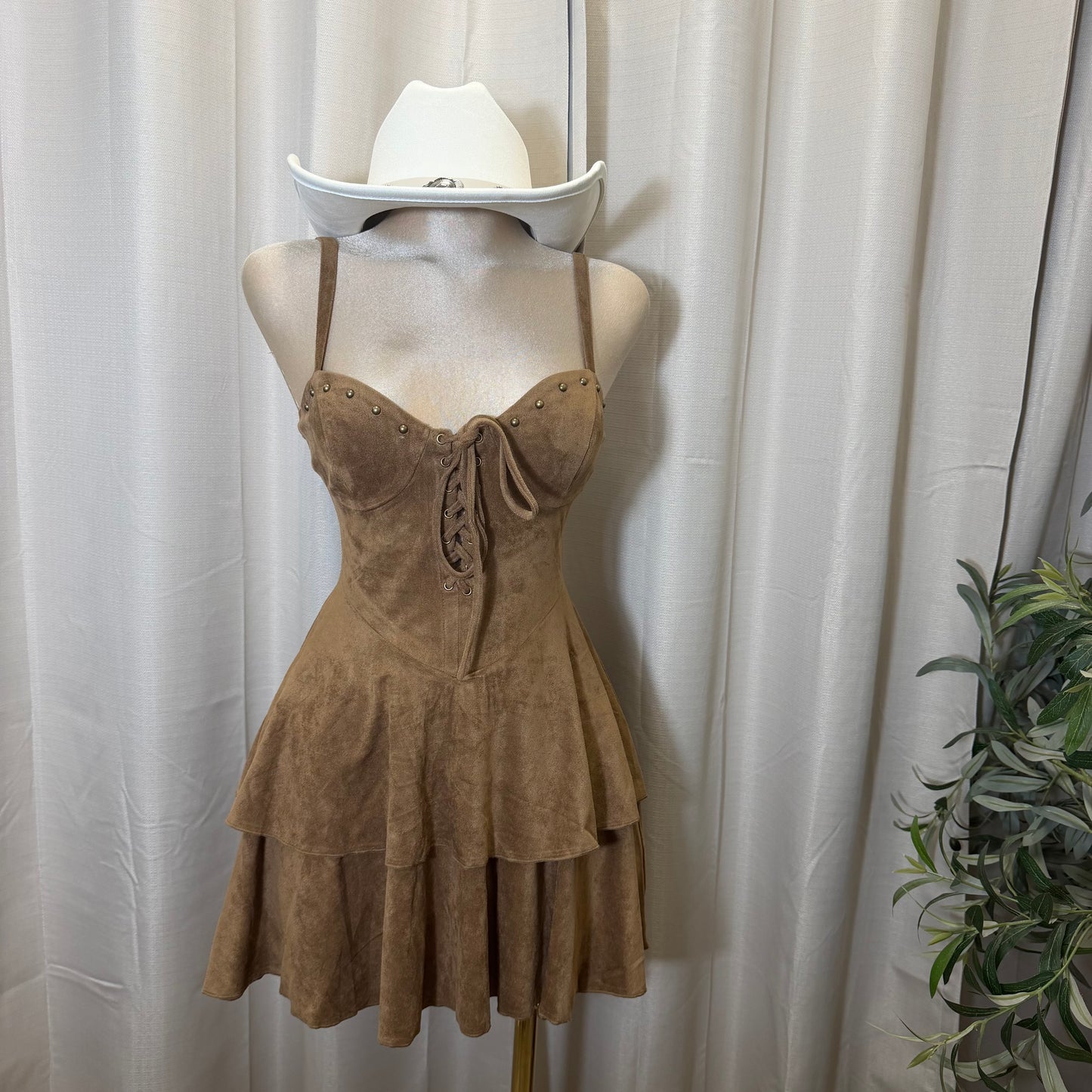 Studded Lace Up Tiered Mini Dress-Brown