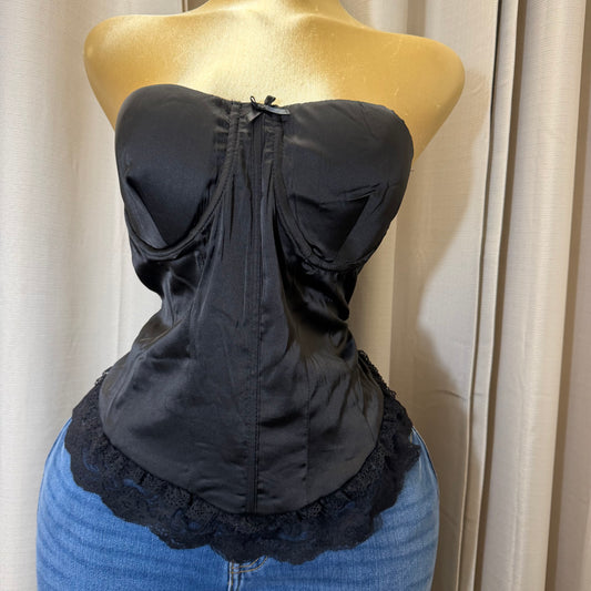 PL-Satin lace up Corset Top-Black