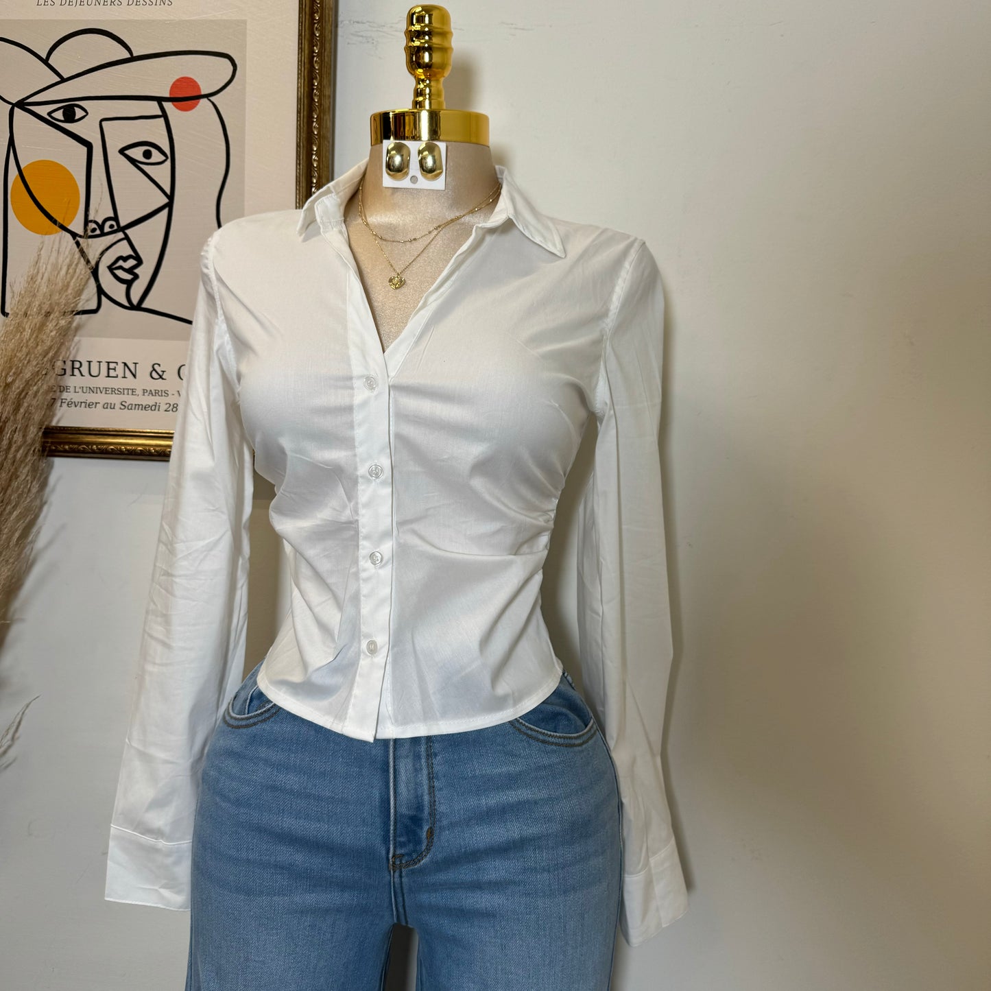Button Up Long Sleeve Top-White