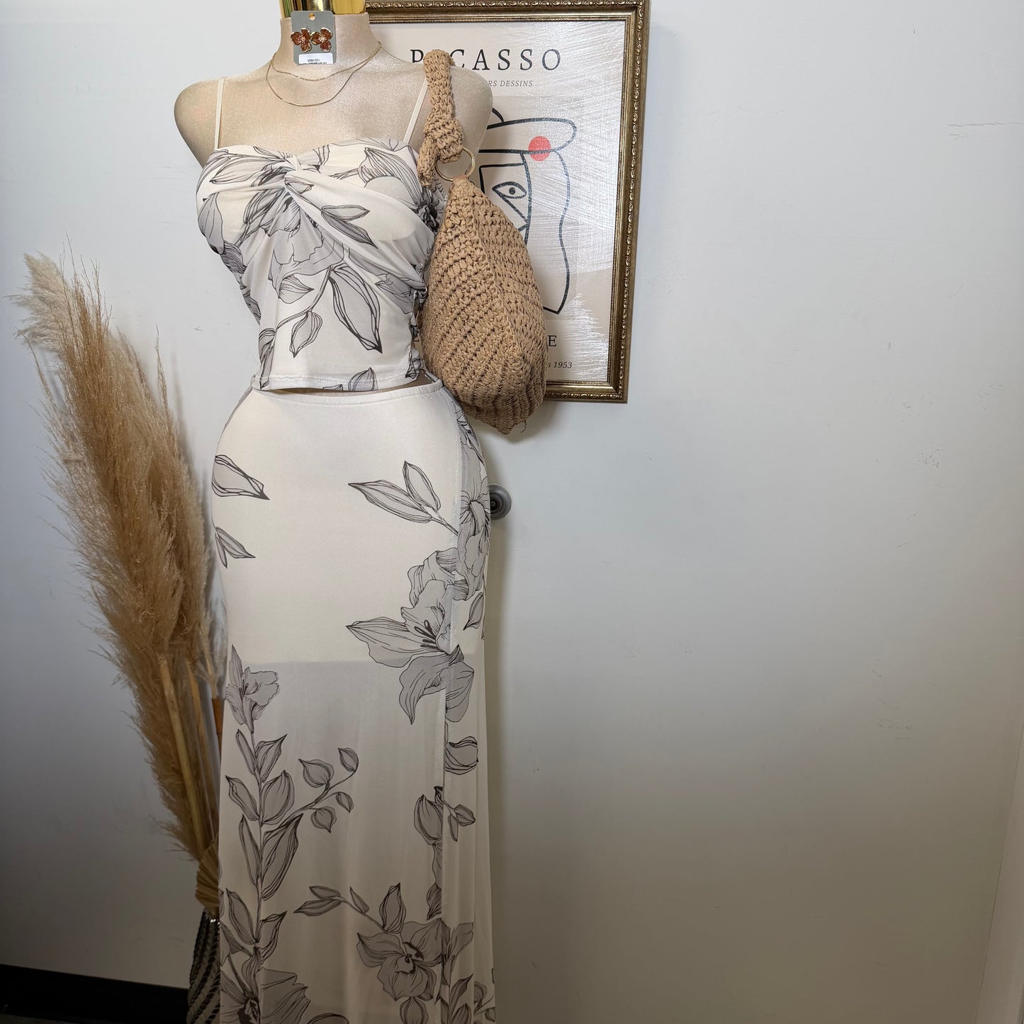 Mesh Print Twist Cami Top & Slit Maxi Skirt-Sand/Brown