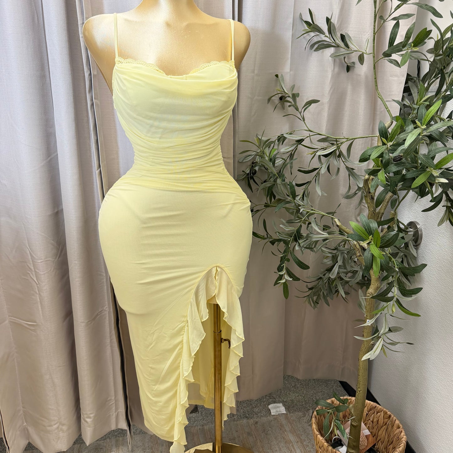 Mesh draped Slit Midi Dress-butter yellow