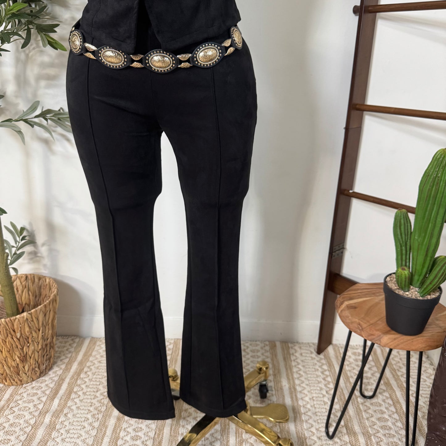 Suede Flare Pants-Black