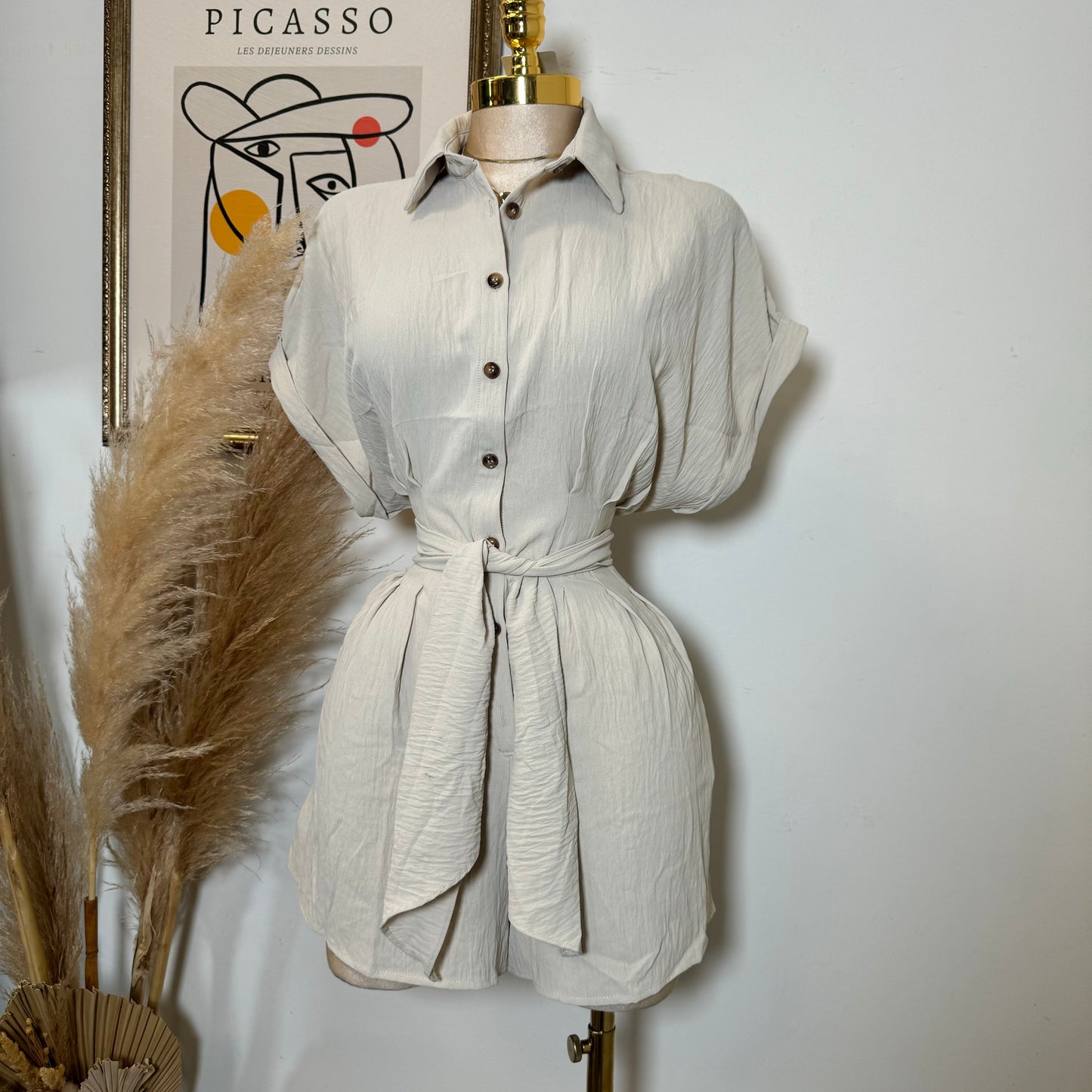 Crinkle Textured Dolman Sleeve Shirt Belted Romper -Cream