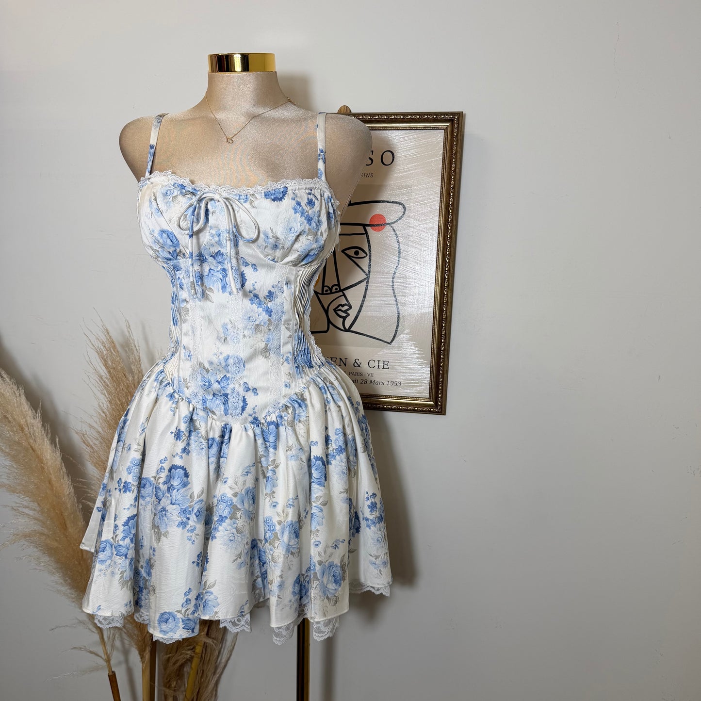 Corset Back Jacquard Mini Dress-Peach/Blue