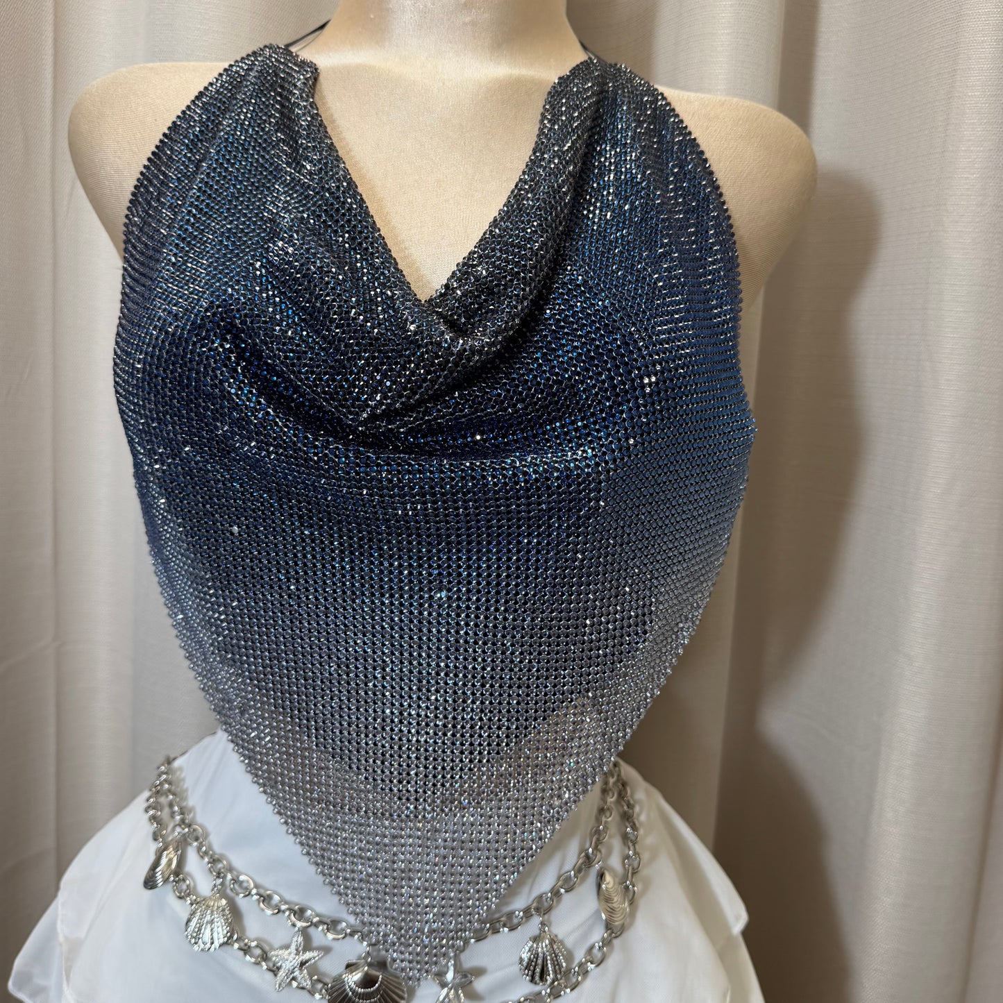 Draped Cowl neck backless halter Top-ombré blue