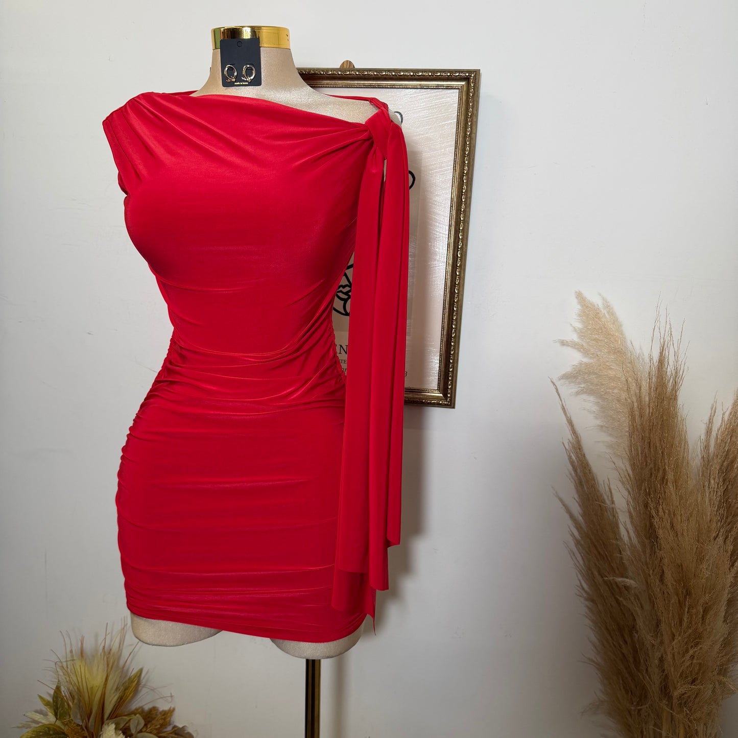 Off Shoulder Ruched Side Tie Mini Dress-Red