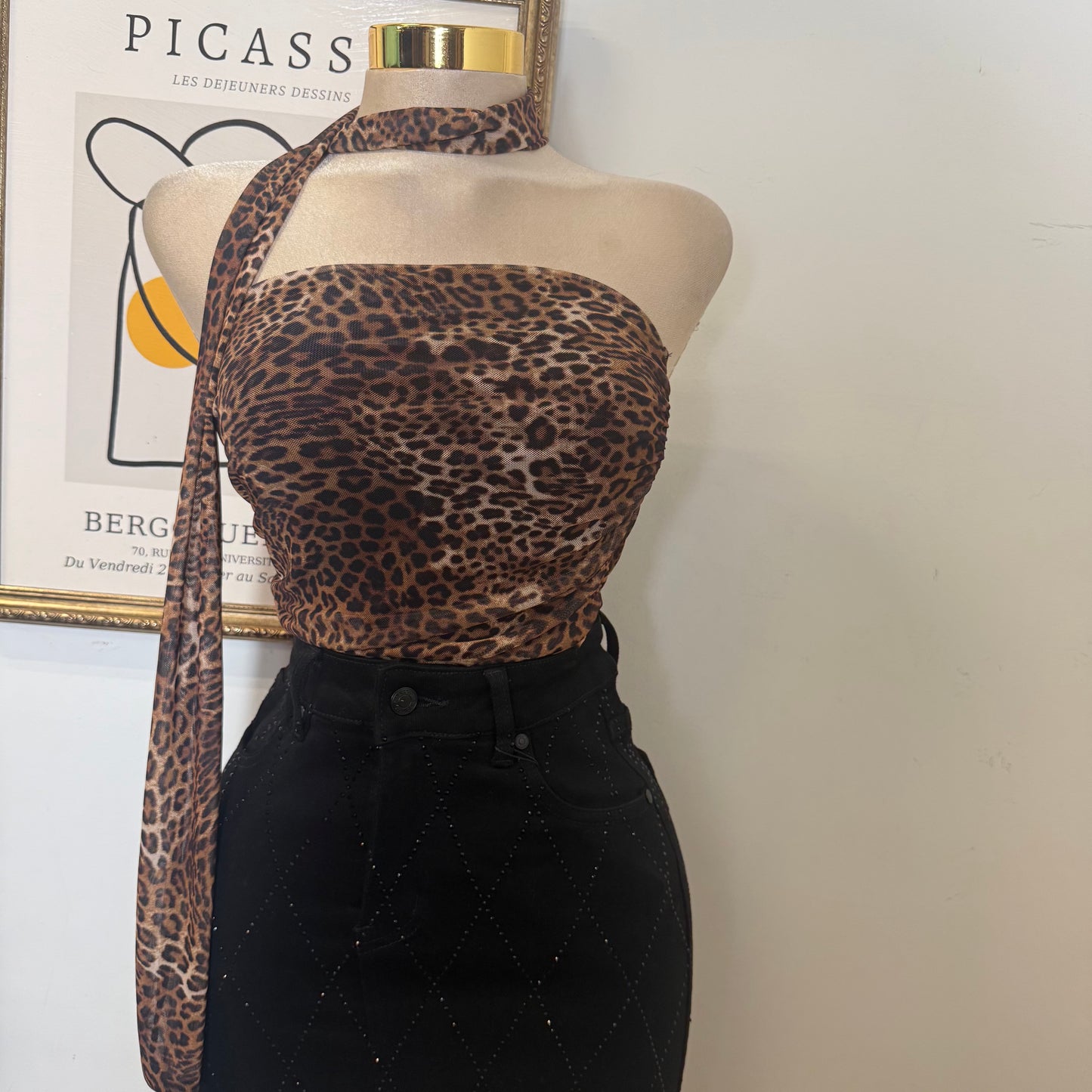 Leopard Mesh Print Tube w/ Tie Around neck Lining-Leopard
