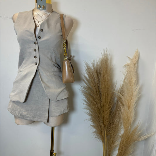 Roxe Linen Two Piece Skirt Set-Beige