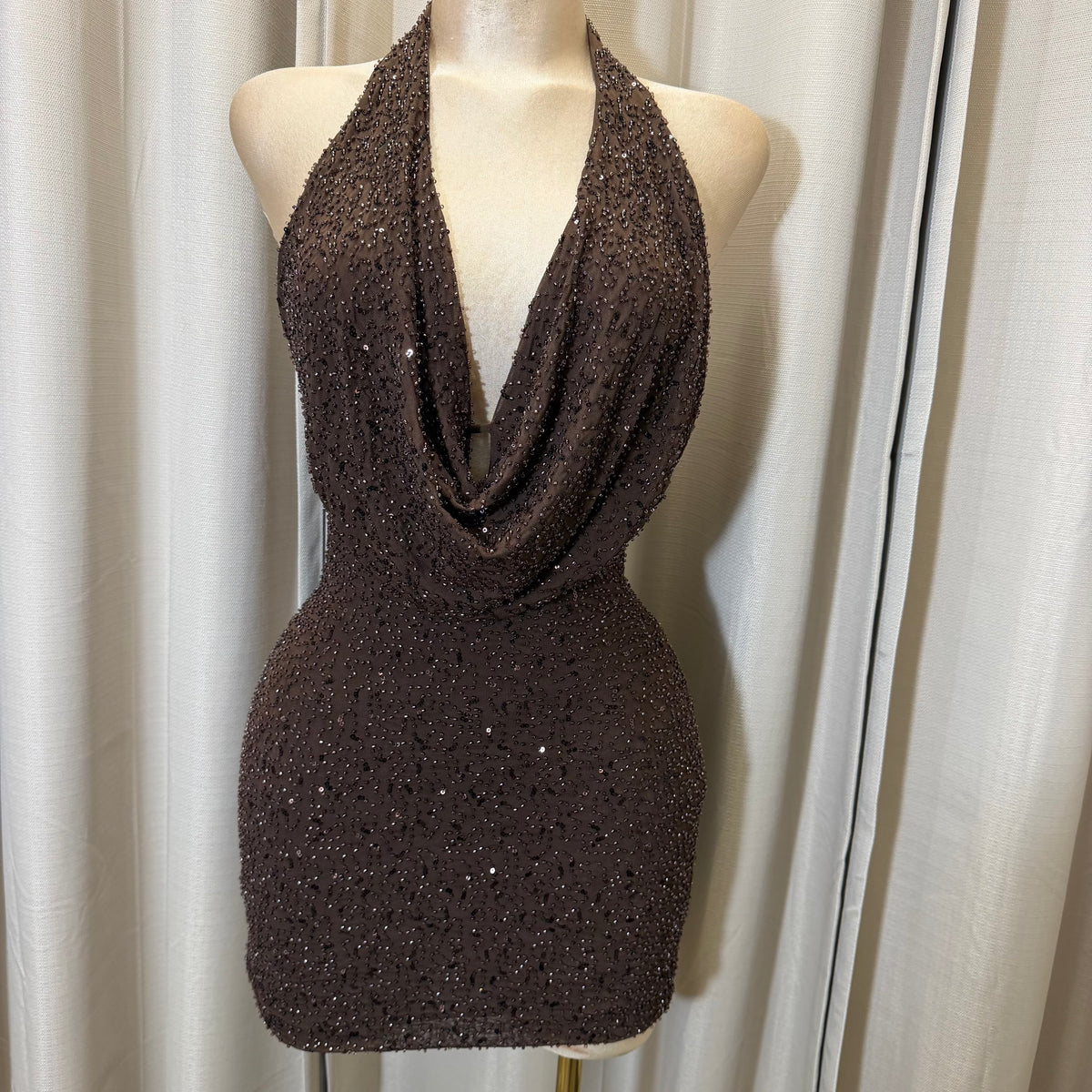 Halter sequins Beads Mini Dress-Chocolate/Brown